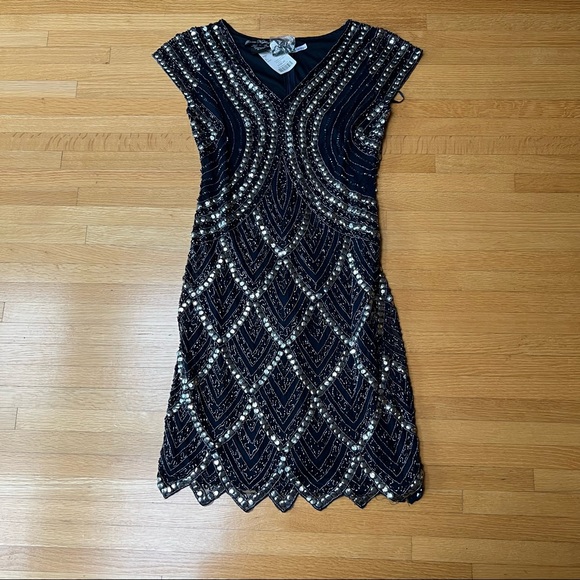 PISARRO NIGHTS black dress with metal nailhead design and a scalloped hem - Picture 7 of 13